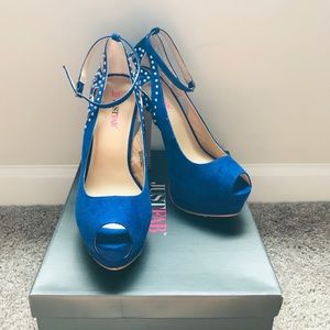 JustFab Blue Faux Suede Ankle Strap Heels